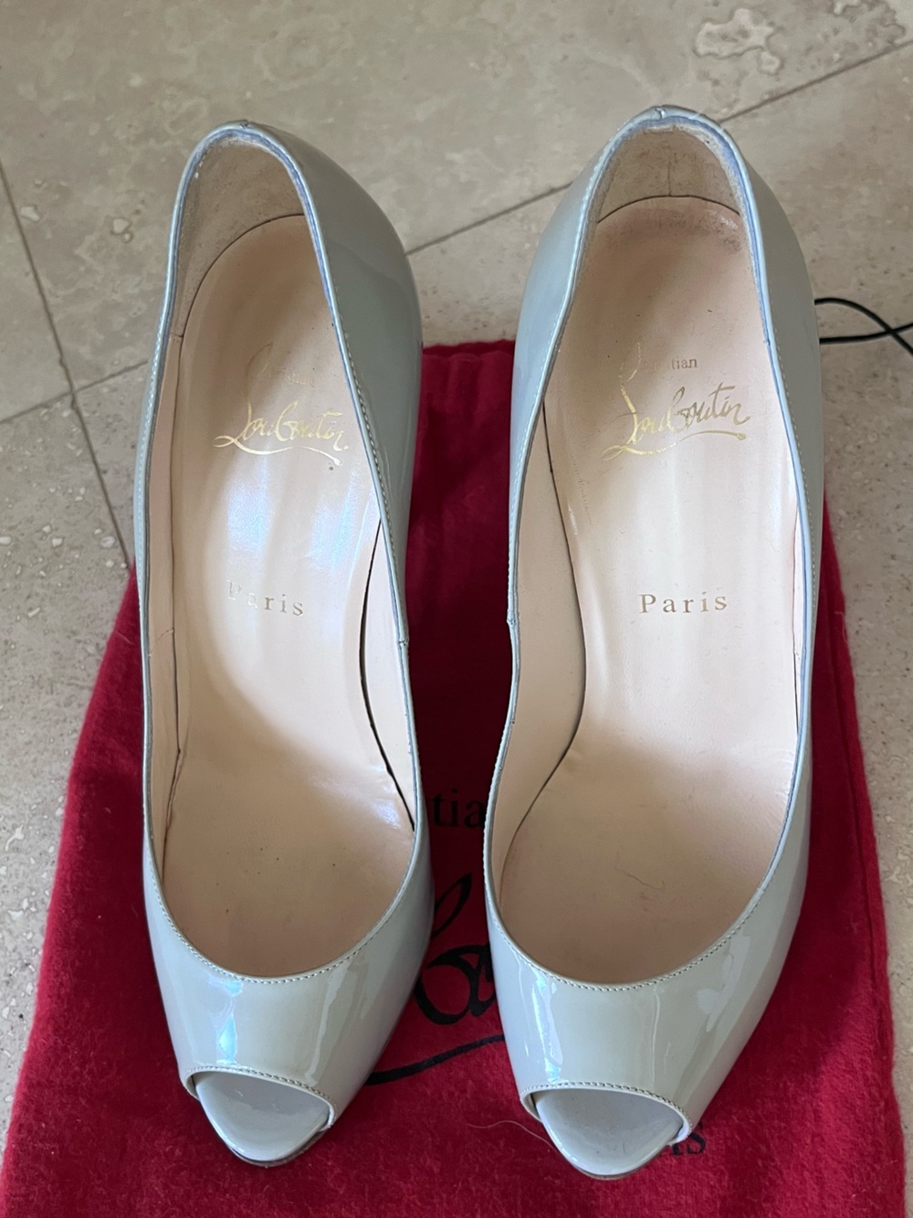 Christian Louboutin Patent Peep-Toe Pumps in Pale Grey